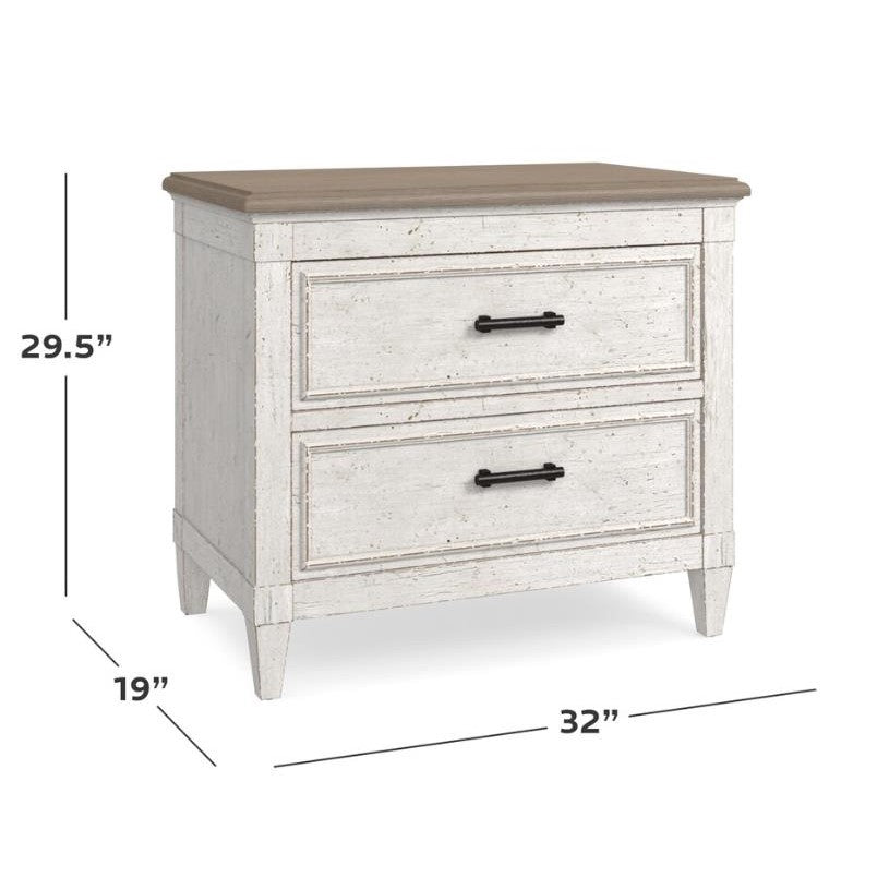 Two-drawer wooden cabinet with dimensions: 29.5"H x 32"W x 19"D.