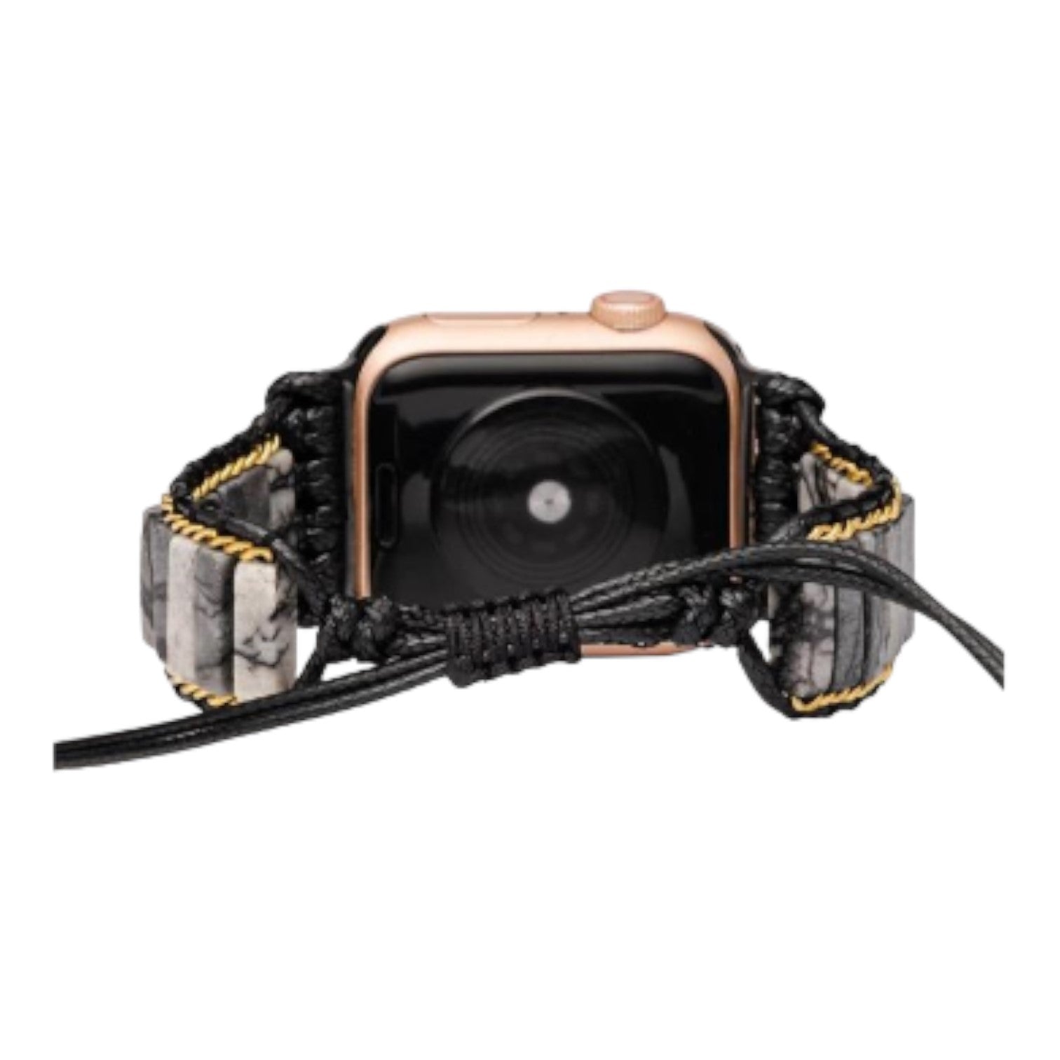 Smartwatch with a braided leather and marble-style strap.