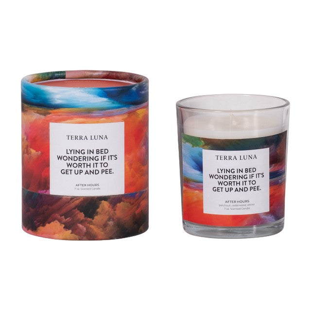 Colorful candle with humorous label about getting up at night.