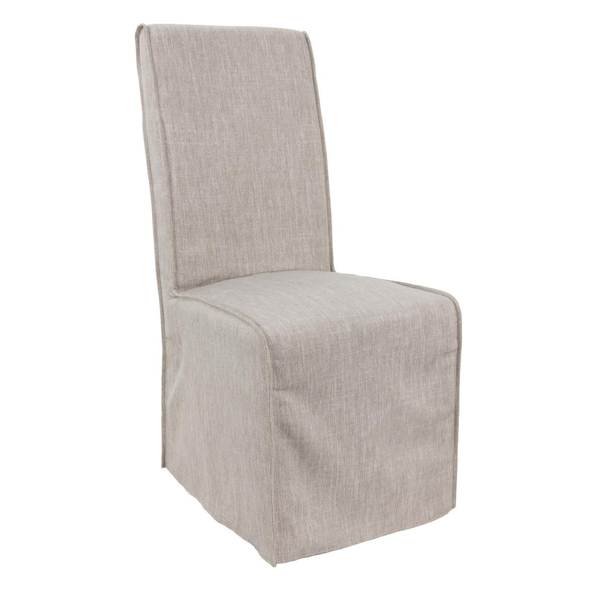 Beige fabric-covered chair with a slipcover design.