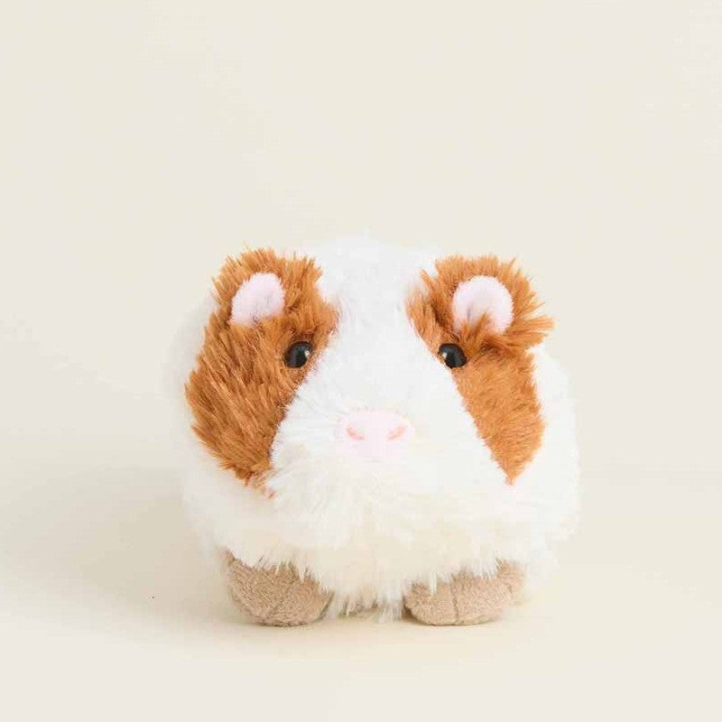 Fluffy plush guinea pig toy with brown and white fur.