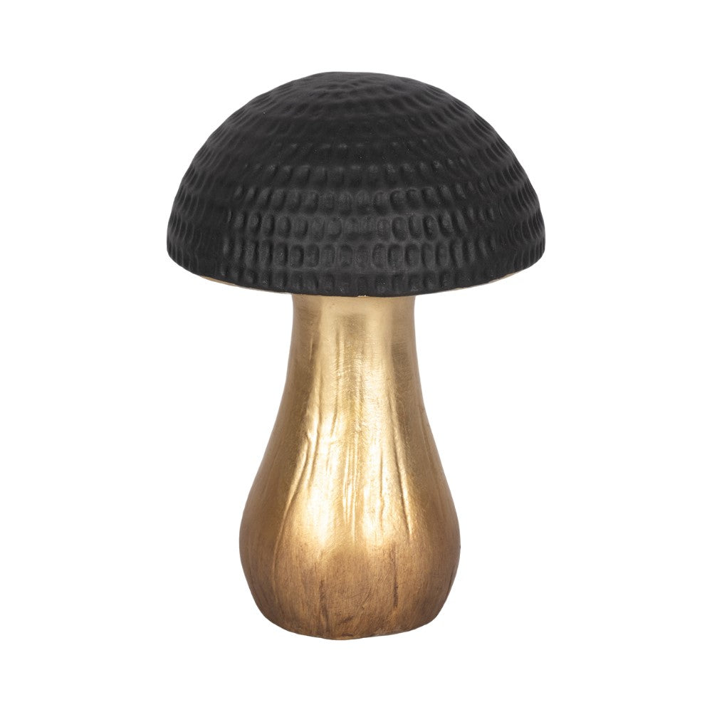 Black and gold mushroom-shaped sculpture with textured cap.