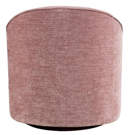 Round pink ottoman with a textured fabric finish.