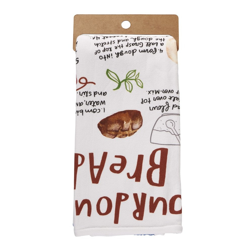 White tea towel with bread-themed illustrations and text.