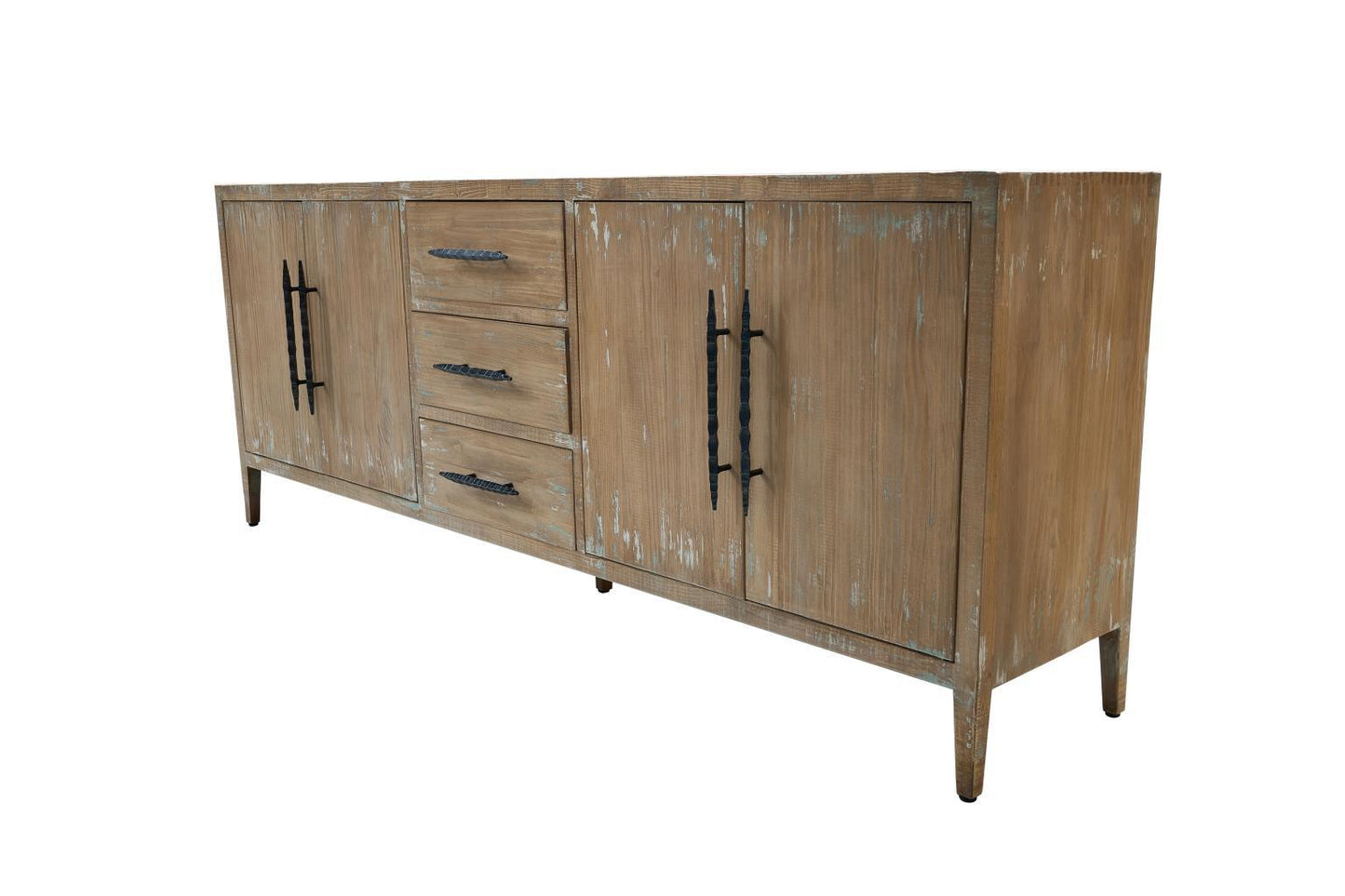 Rustic wooden sideboard with three drawers and two doors.