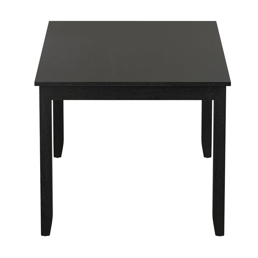 Black square table with a simple, modern design.