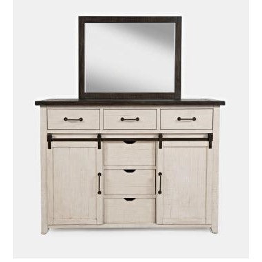 White dresser with mirror, three drawers, and two cabinets.