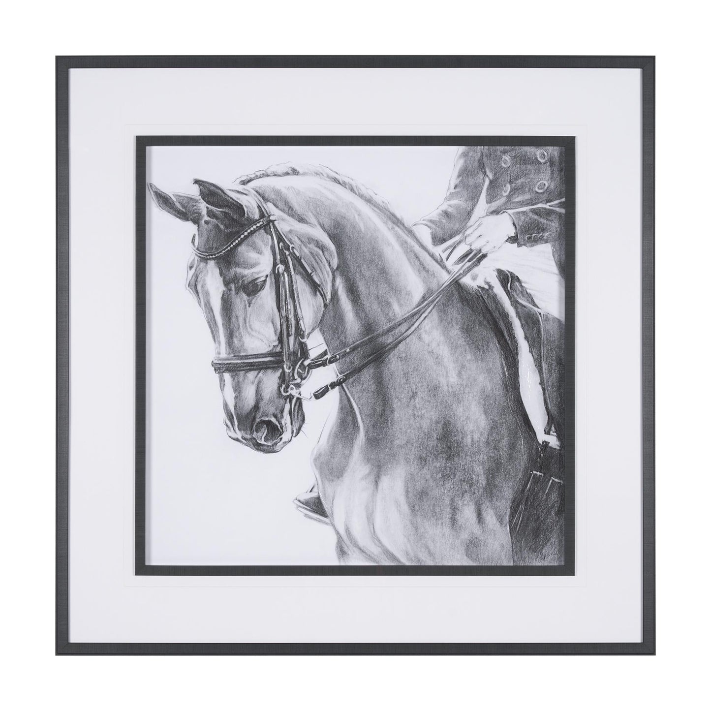 Drawing of a horse and rider, framed in black and white.