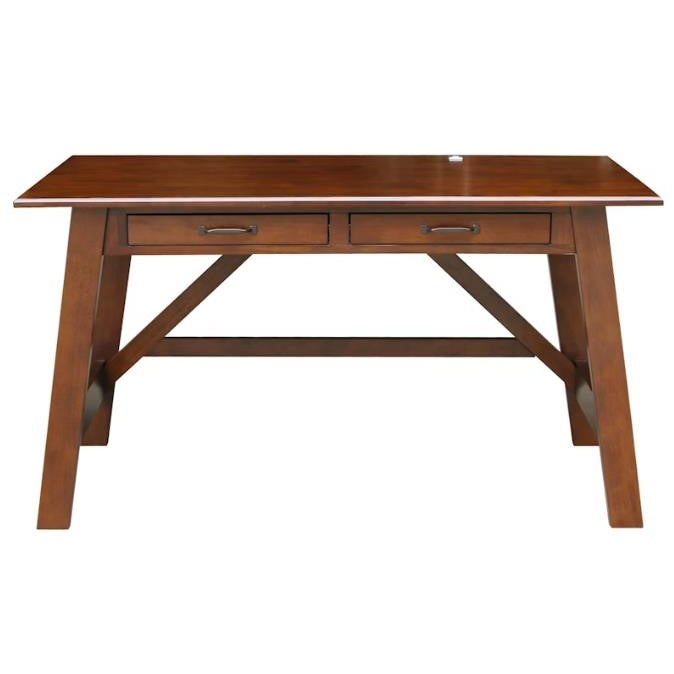 Wooden desk with two drawers and slanted legs.