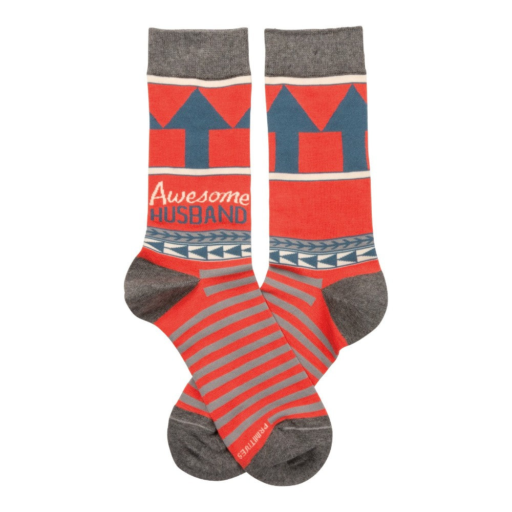 Colorful socks with "Awesome Husband" text and geometric patterns.