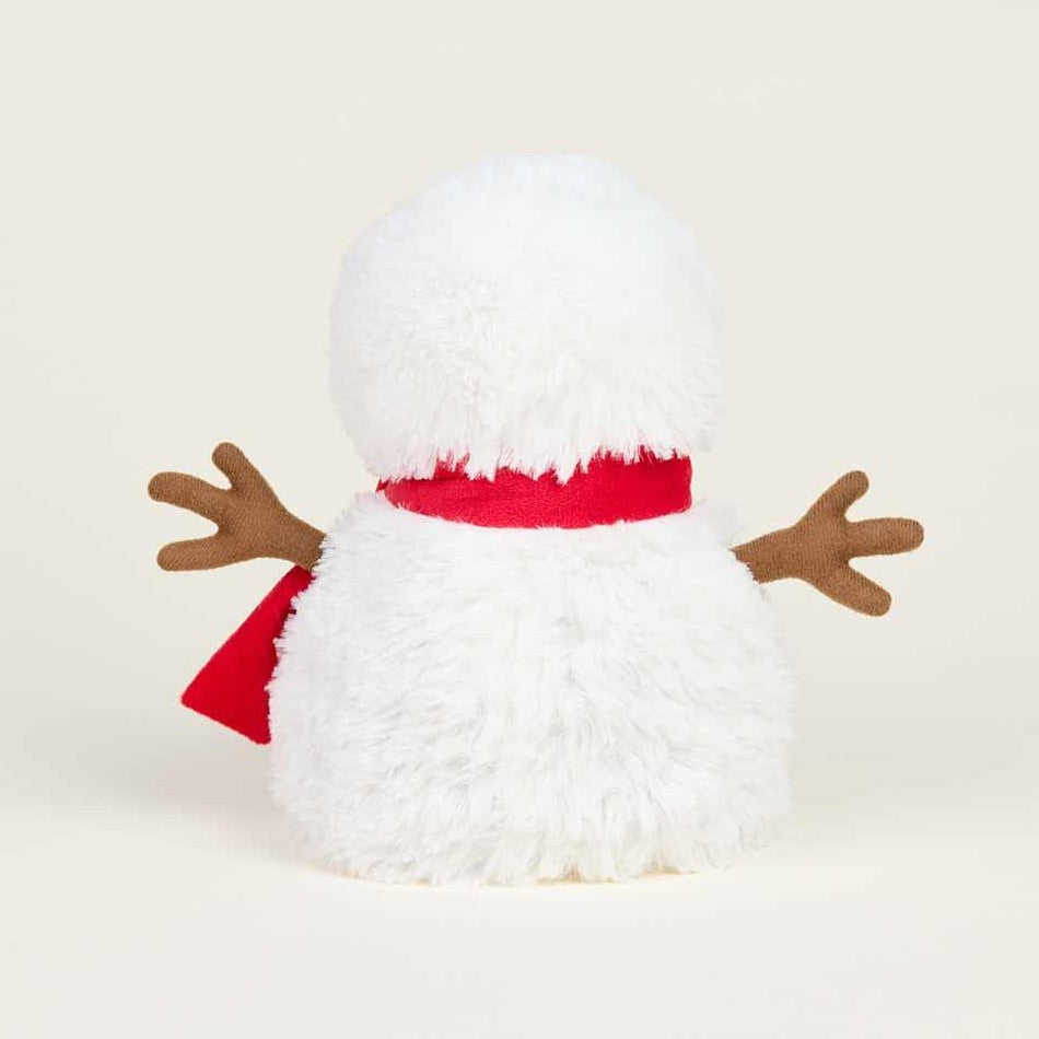 Fluffy snowman plush with a red scarf, seen from the back.