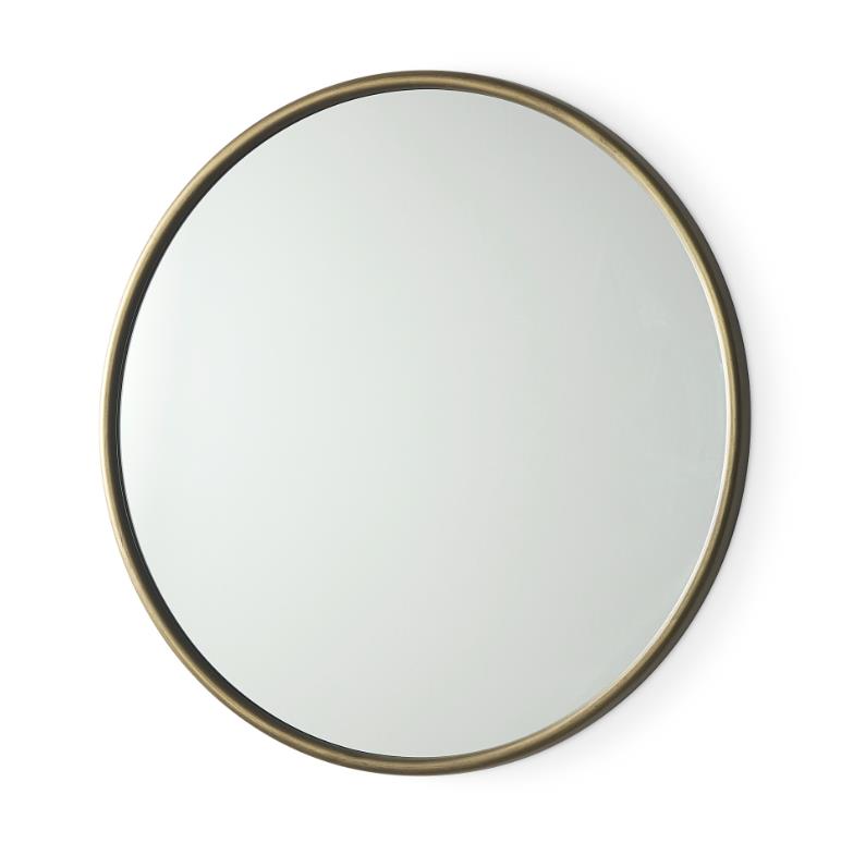 Round mirror with a thin, metallic frame.