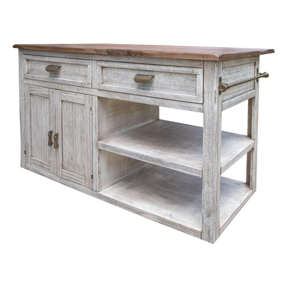 Rustic kitchen island with shelves and drawers.
