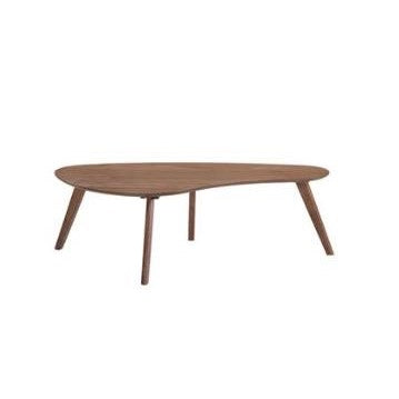 Mid-century modern coffee table with an organic shape and wooden legs.