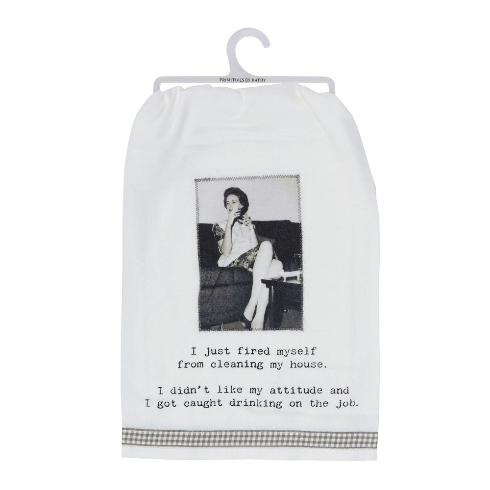 White towel with vintage photo and humorous cleaning quote.