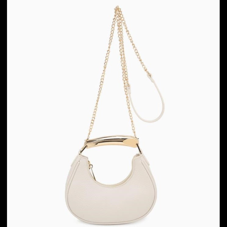 Beige handbag with gold chain strap and metallic handle.