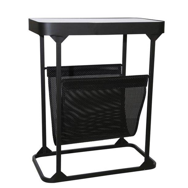 Black metal side table with a mesh magazine holder.
