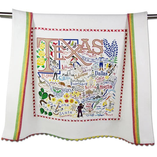 Colorful Texas-themed cloth with map and illustrations.