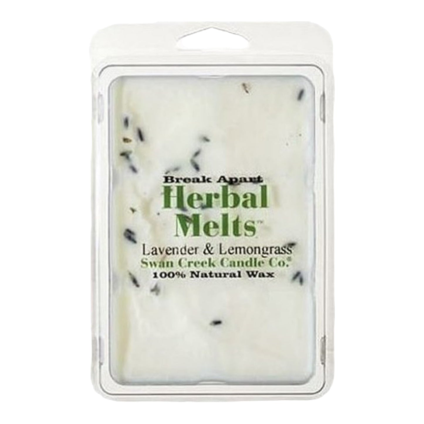 White herbal wax melts with lavender and lemongrass scent in clear packaging.
