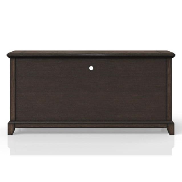 Dark wooden chest with a small circular hole in the center.