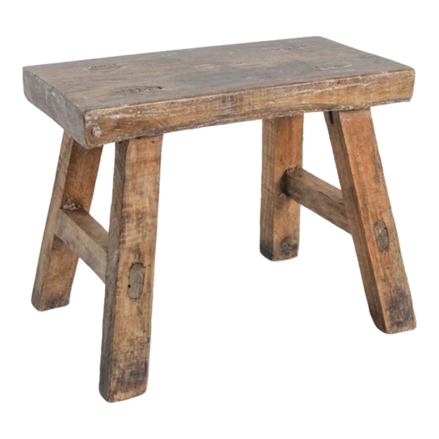 Rustic wooden stool with a rectangular top and sturdy legs.
