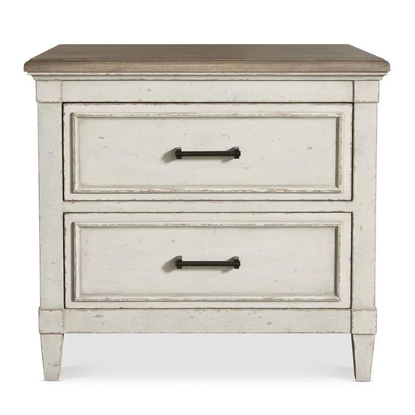 Antique white two-drawer nightstand with black handles.