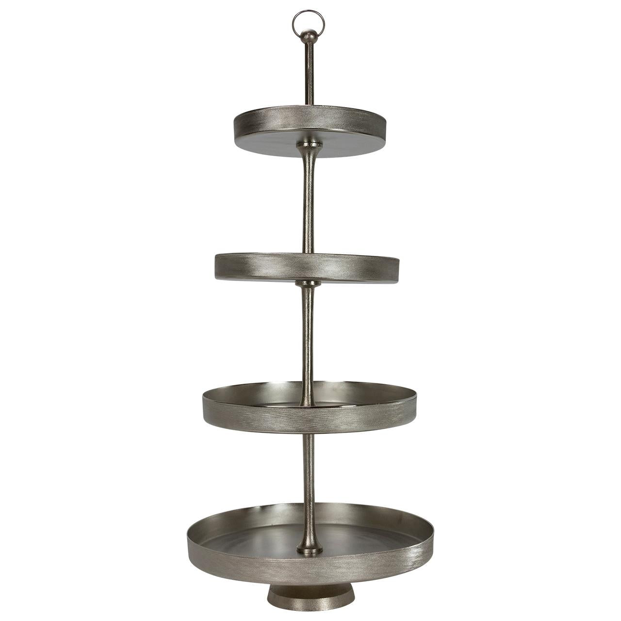 Four-tiered metal display stand with a ring handle.