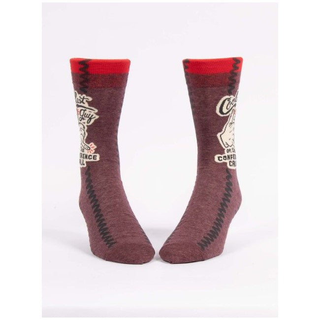 Brown socks with red trim and graphic text design.