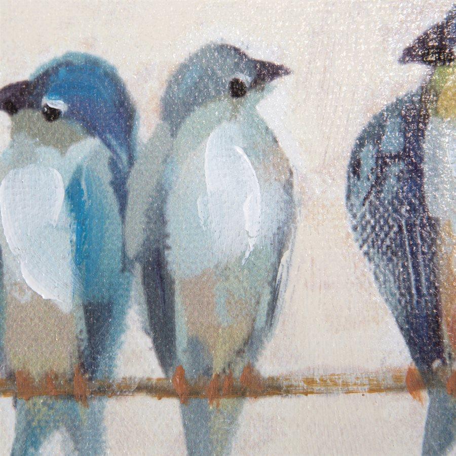 Painting of birds perched on a branch in soft blue tones.