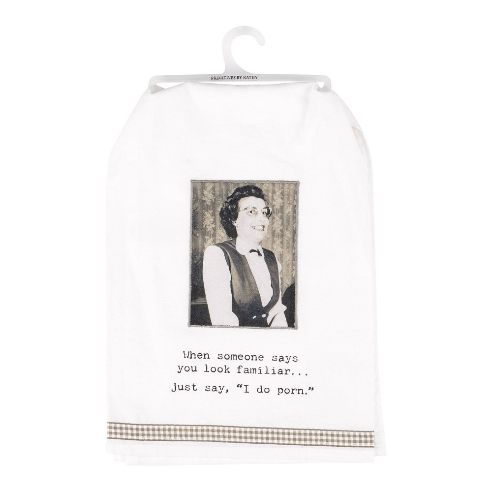 White towel with a vintage photo and humorous text.