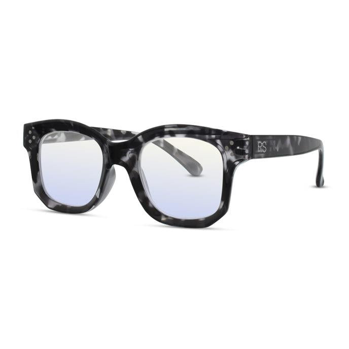 Black and white patterned square glasses with clear lenses.