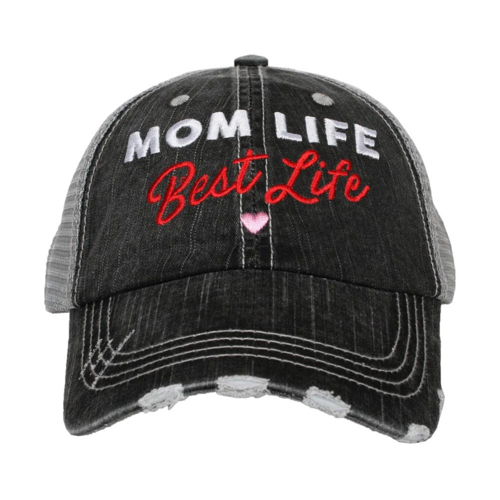 Black cap with "Mom Life, Best Life" embroidered in white and red.