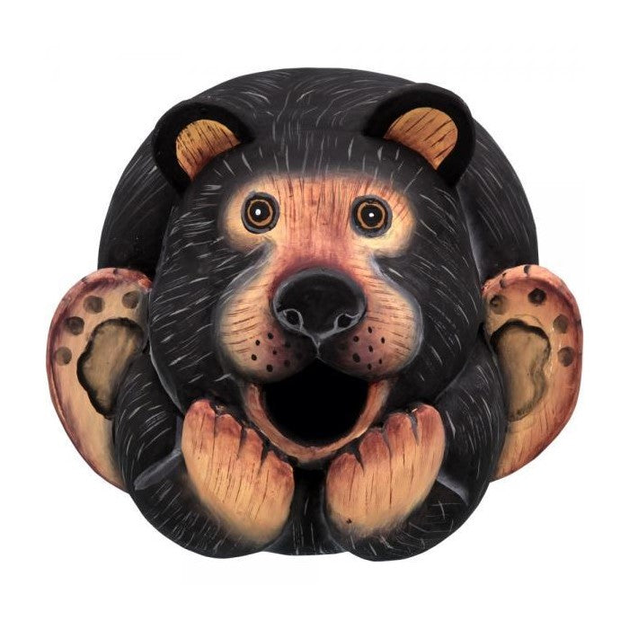 Cute bear-shaped birdhouse with detailed paws and face.