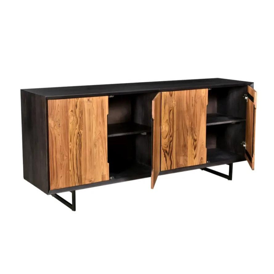 Modern black cabinet with natural wood doors open.