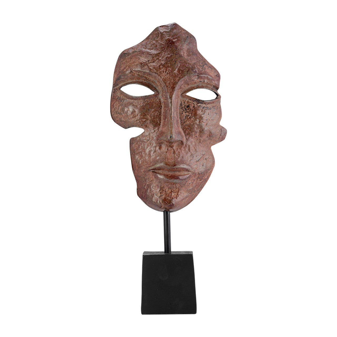 Abstract stone mask on a black stand.