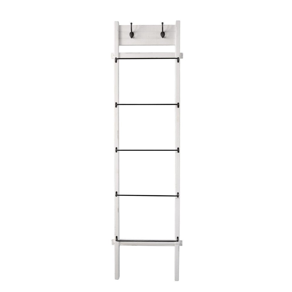 White wall-mounted ladder shelf with two hooks.