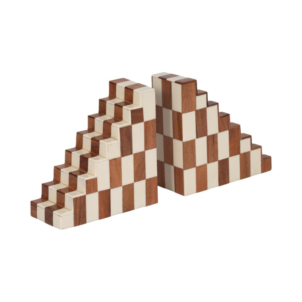 Wooden, checkered bookends with a stepped pyramid design.