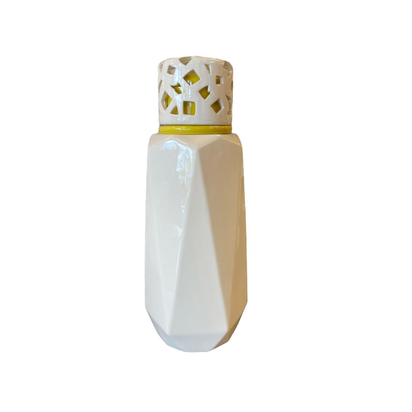Geometric white bottle with decorative lid on a white background.