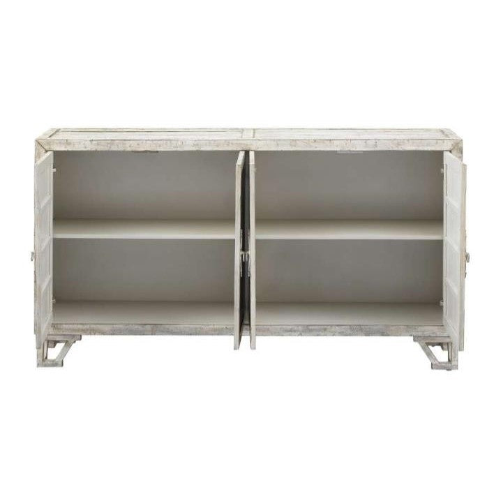 White cabinet with open doors and two shelves.