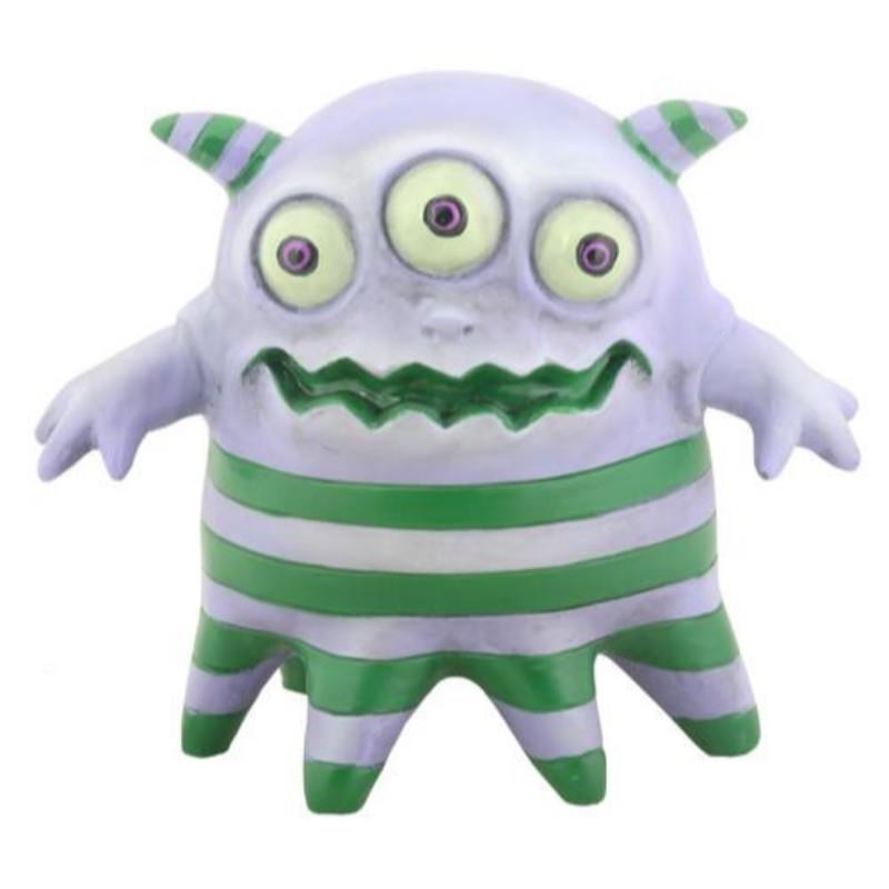 Three-eyed striped monster with green and white limbs and pointy ears.