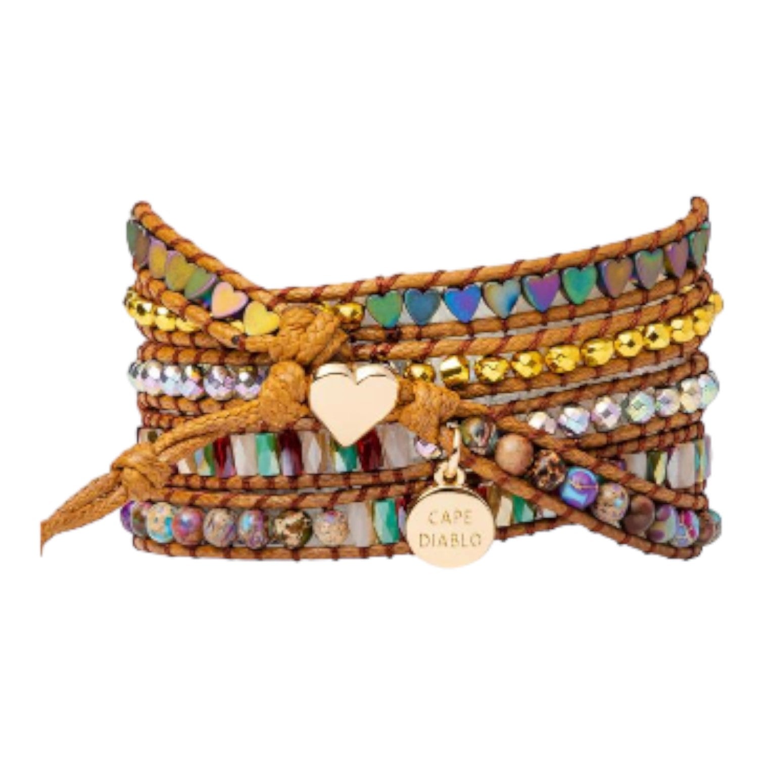 Colorful beaded bracelet with heart-shaped and round charms.
