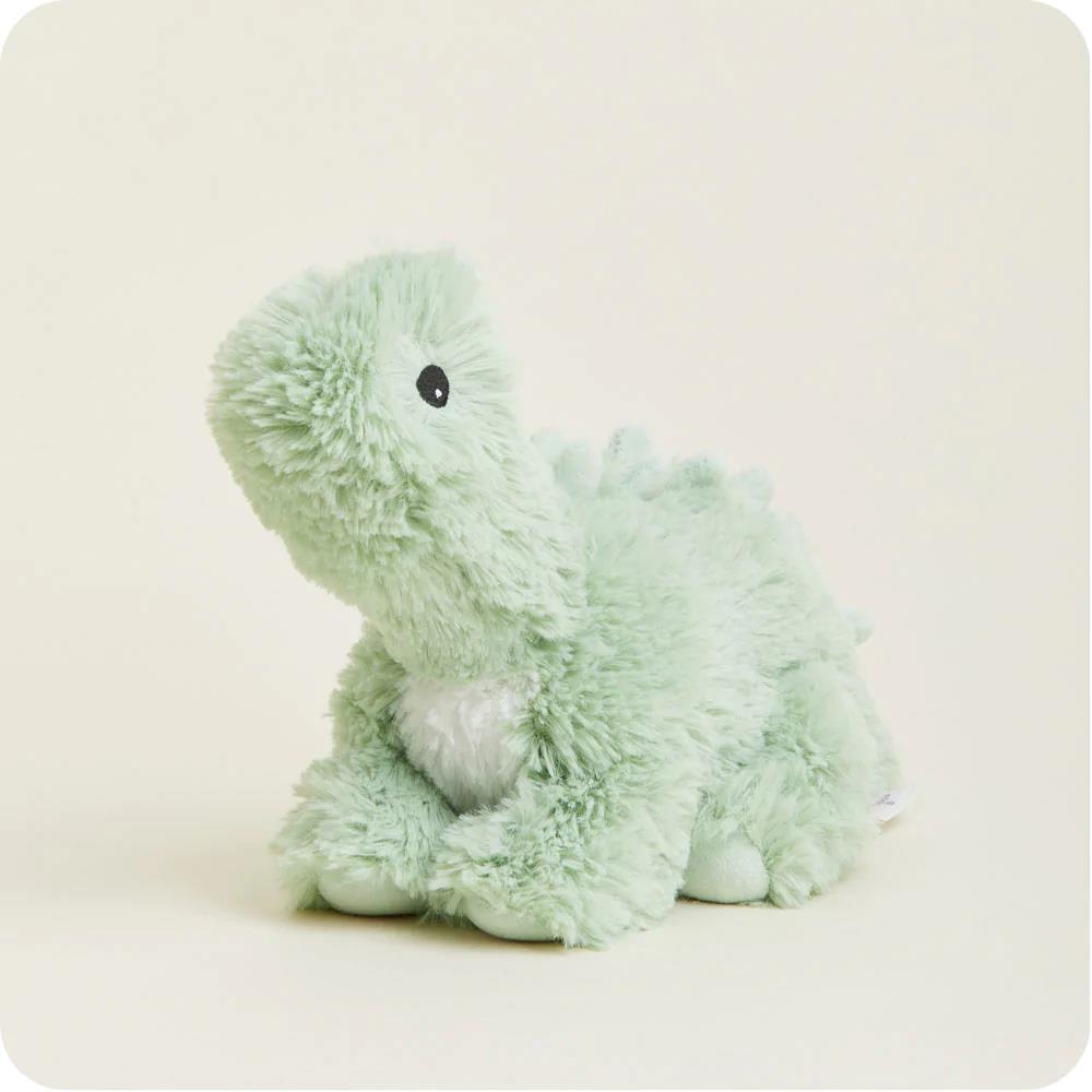 Soft, mint-green dinosaur plush toy on a neutral background.