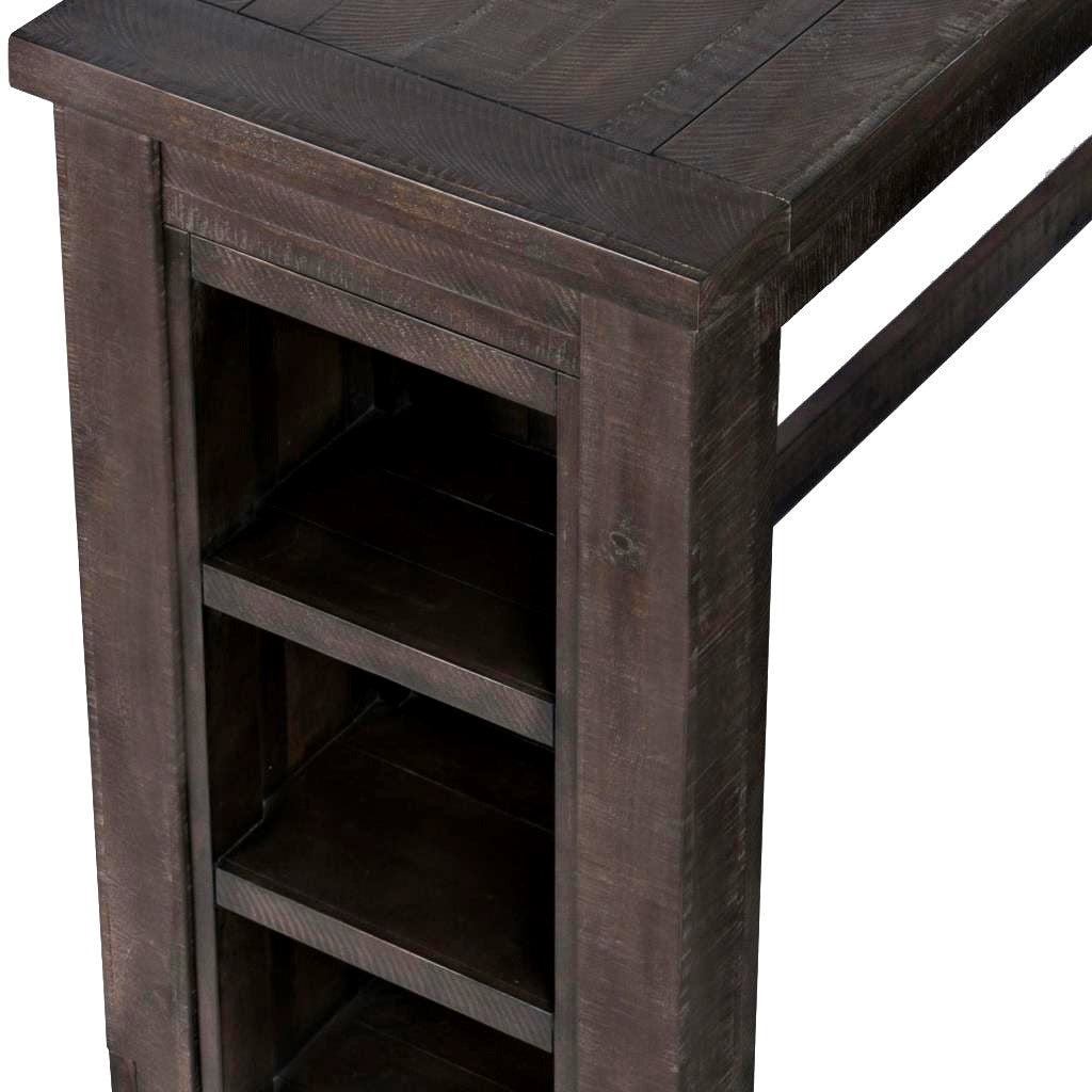 Dark wooden table with built-in shelves.