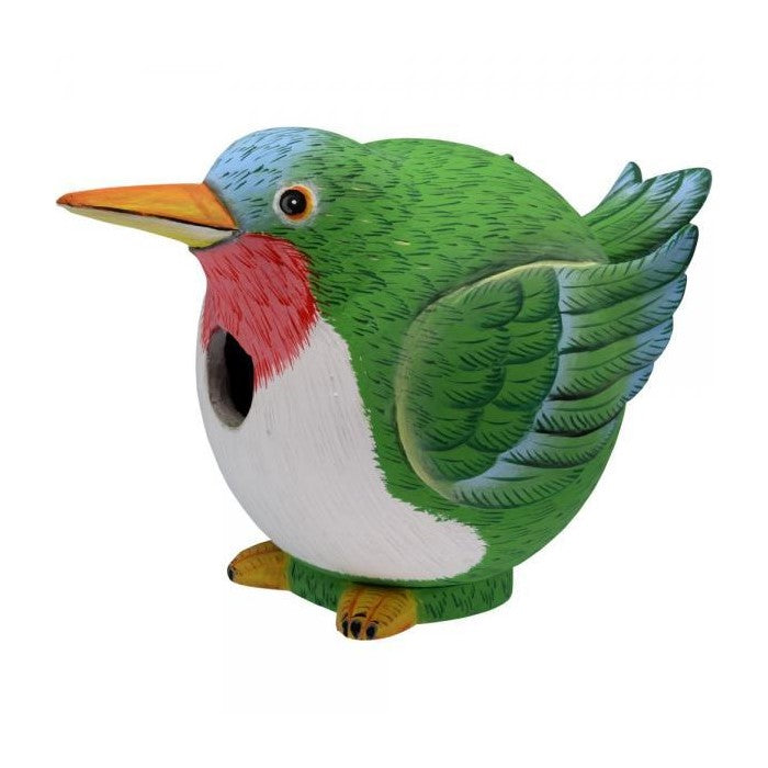 Green bird-shaped decorative birdhouse with colorful details.