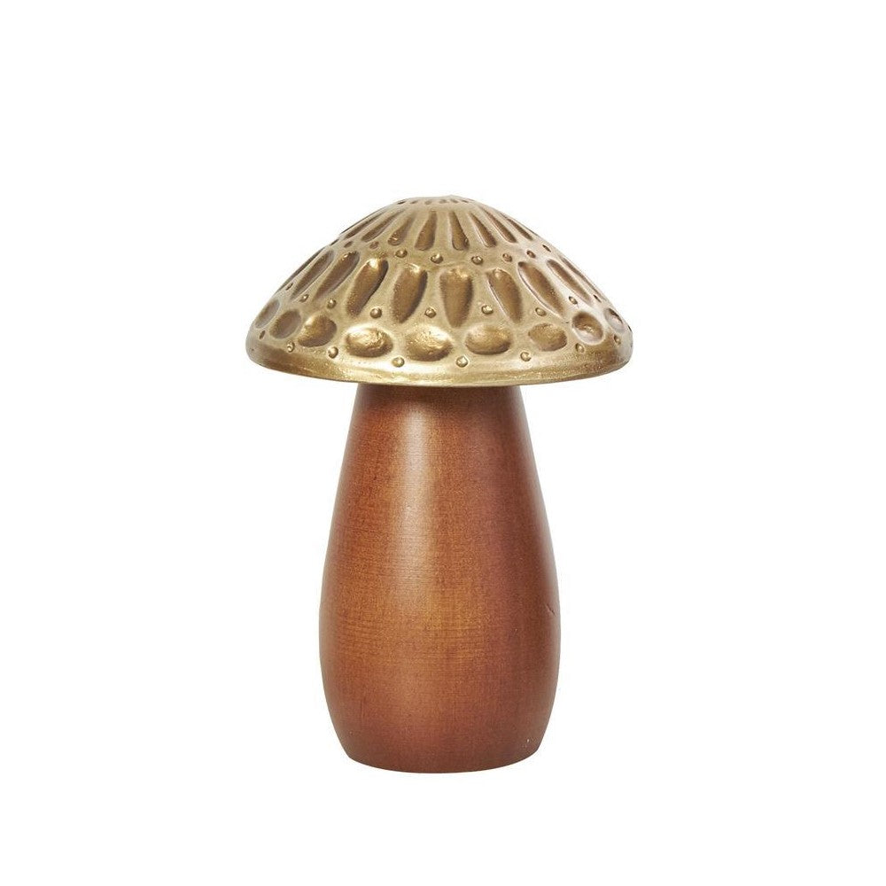 Brown and gold mushroom-shaped sculpture with textured top.