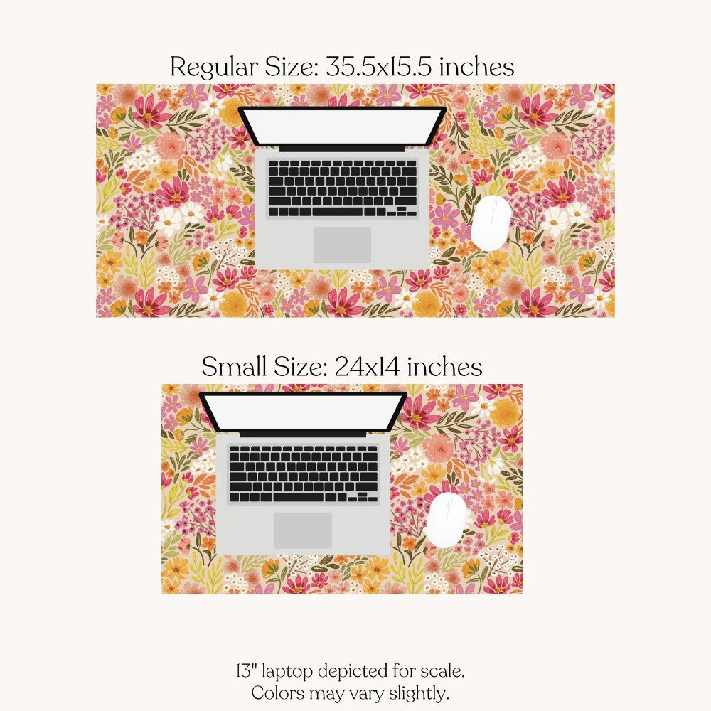 Two floral desk mats with a laptop and mouse for size comparison.
