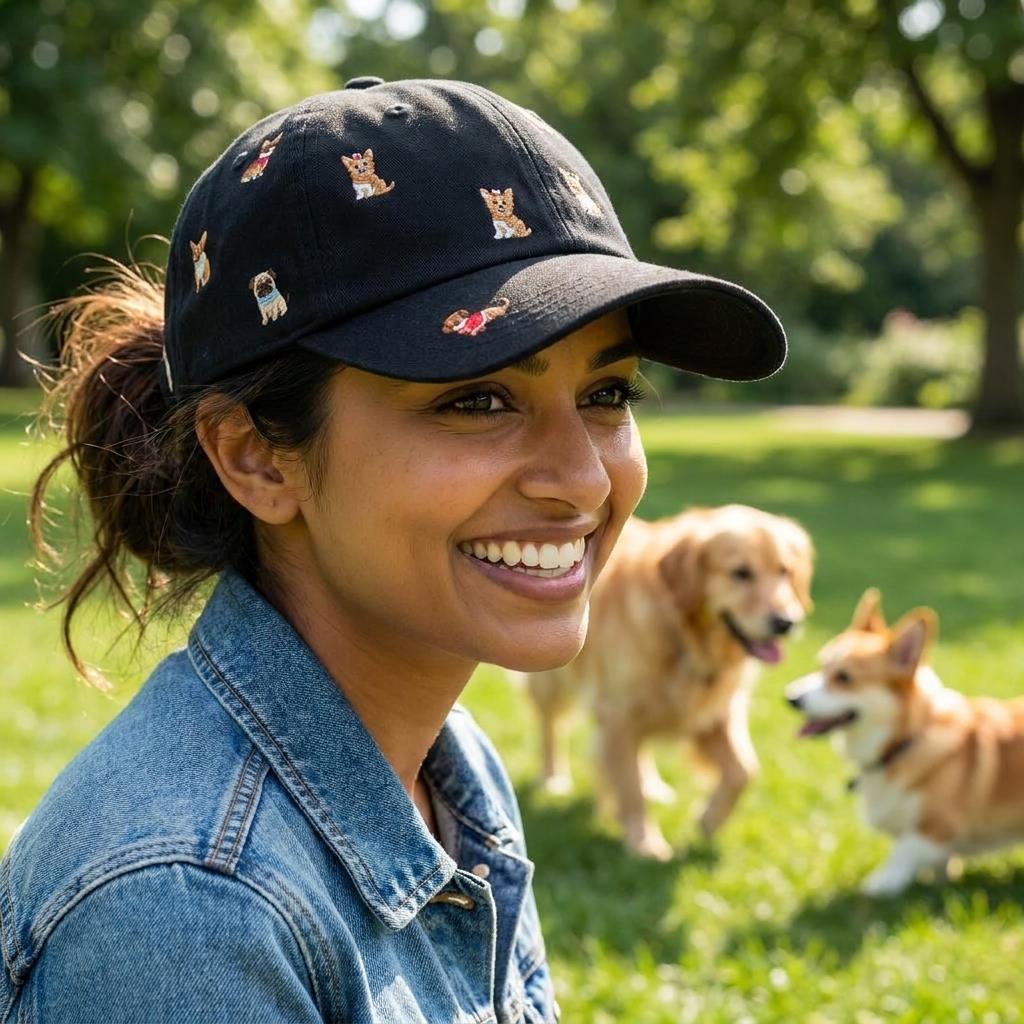 A smiling woman in an embroidered cap enjoys a sunny day at the park with two dogs.