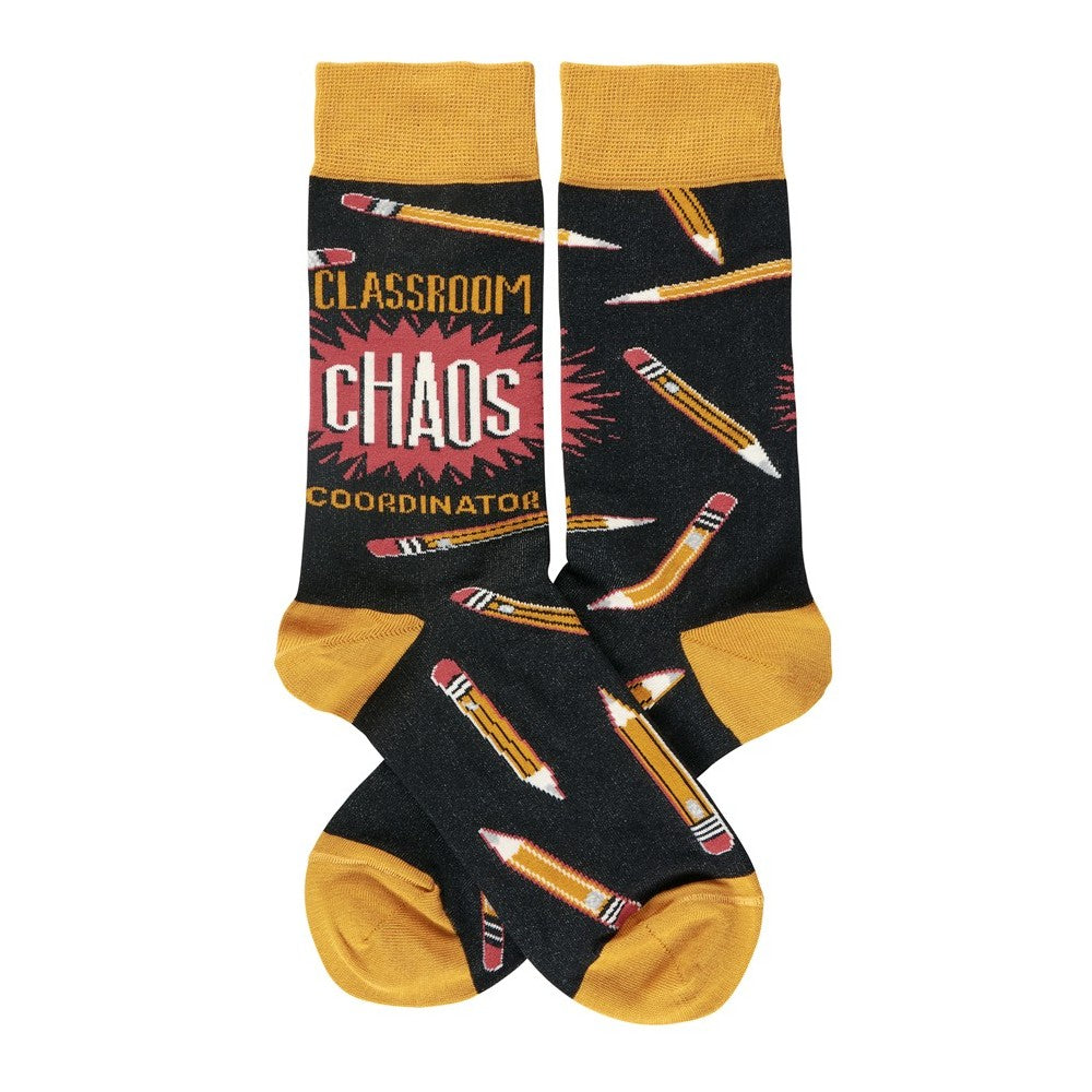 Black socks with pencils and "Classroom Chaos Coordinator" text.