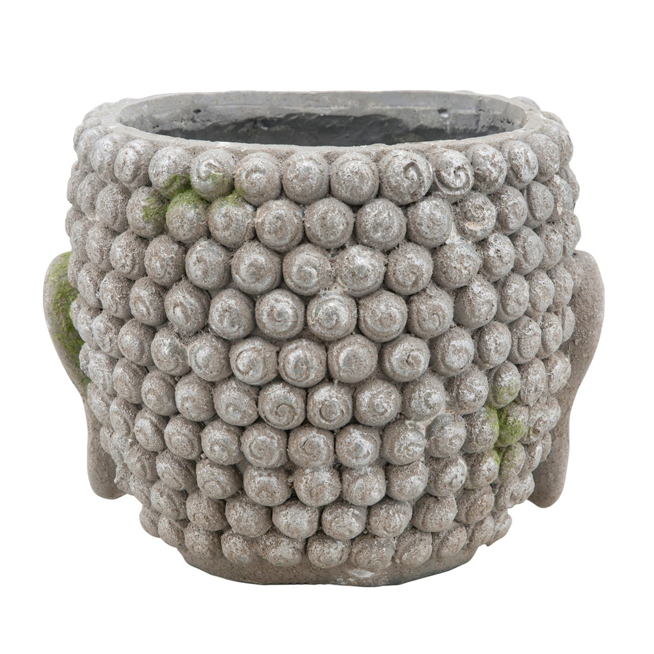 Stone planter with circular textured pattern and green moss accents.