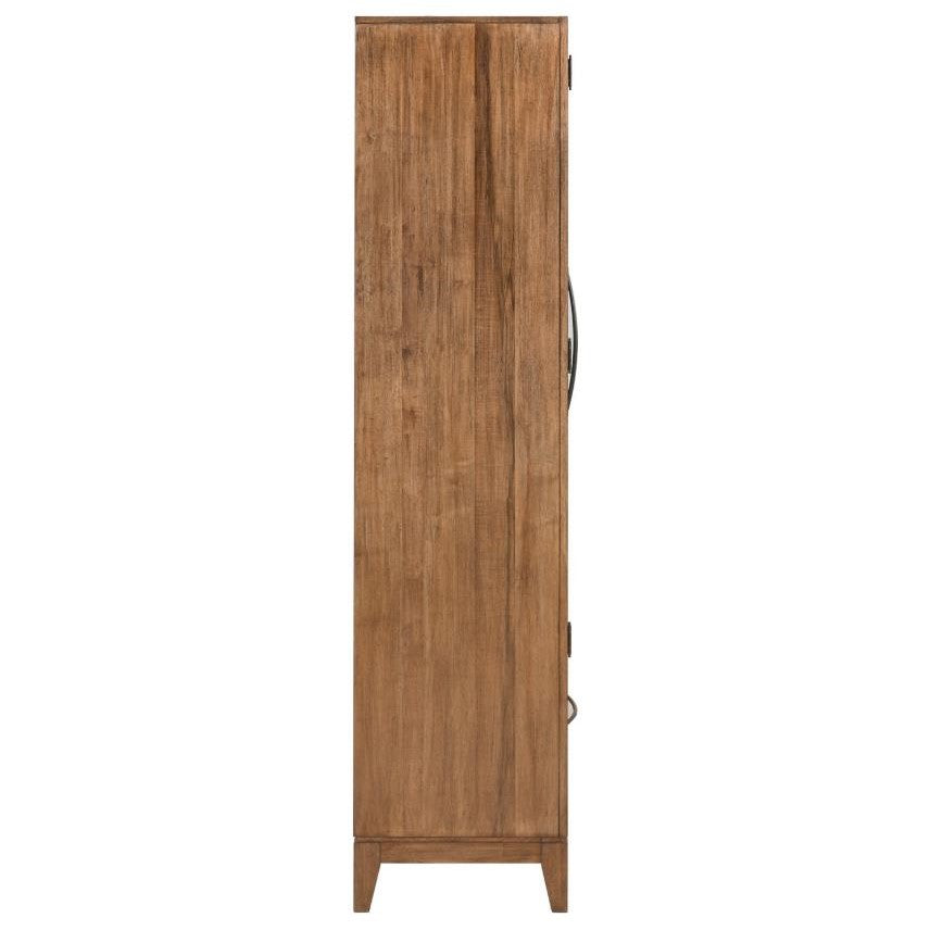 Side view of a tall wooden cabinet with a handle.